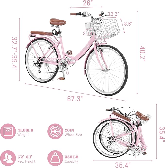 24/26 Inch Foldable Beach Cruiser Bike for Womens, 7 Speed Womens Bike with Basket and Coffee Cup, Commuting Bicycles for Women, Lightweight Complete Cruiser Bikes Bicycle for Ladies Adults