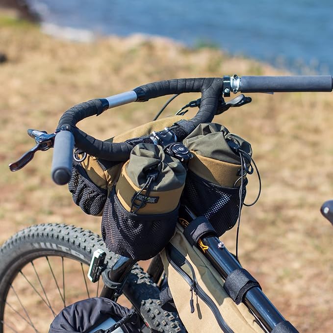 Bongo Bike Handlebar Bag - Water Resistant, Durable Cordura Fabric & Bicycle Large Water Bottle Holder - Front Biking Storage, Bikepacking Stem Bag for Cycling Travels (Brown)
