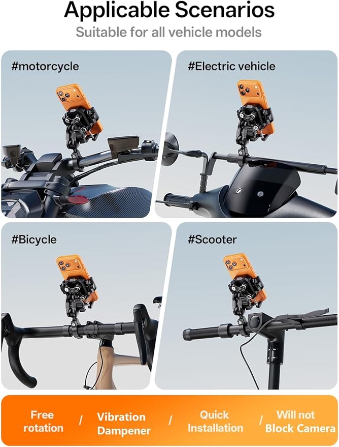 Kewig Motorcycle Phone Mount with Vibration Dampener [Anti-Theft] [Camera Friendly] Bike Phone Holder Handlebar Cradle for Bicycle Scooter ATV, Adjustable Size Fit for 5.4-7.2" Cellphone