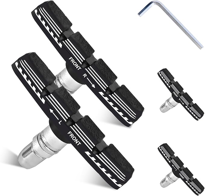 Bike Brake Pads Set, 70mm Universal V-Brake Blocks for Mountain and Road Bicycles, No Noise, No Skid, Includes Hex Wrench, Nut, and Shims for Front and Rear Wheels 2Pairs