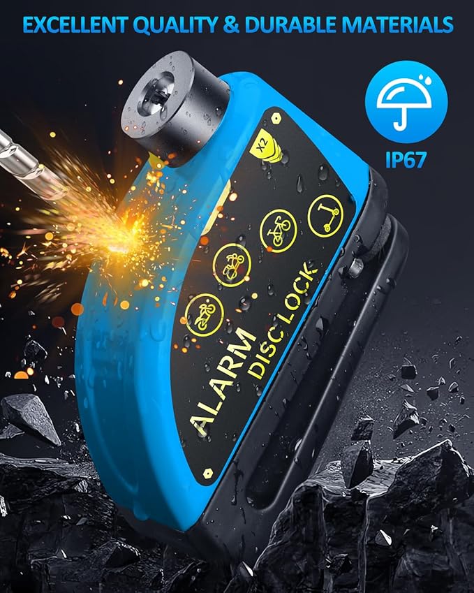 ONVIAN Rechargeable Motorcycle Lock with 120db Alarm and 6FT Steel Reminder Cable, for 7mm Pin Motorcycles Bicycles Ebike Scooter Moped(Blue)