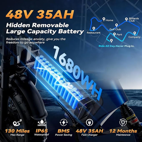 2000W/3000W Peak Motor Electric Bike for Adults, 48V/52V 25AH/30AH Battery Full Suspension Foldable Ebike, 20"x4.0" Fat Tires 35MPH Dirt Bike, 100/120 Miles Hydraulic Brake Magnesium Alloy Motorcycle