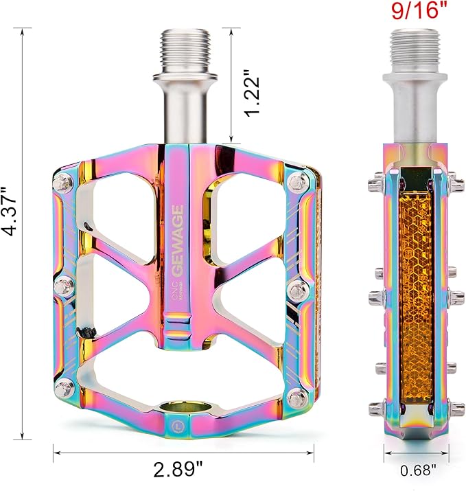 Mountain Bike Pedals - 3 Bearings Bicycle Pedals with Reflectors - 9/16” CNC Machined Flat Pedals with Removable Anti-Skid Nails for Road Mountain BMX MTB Bike