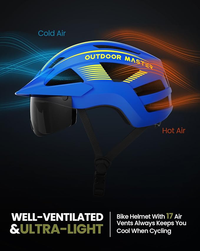 OutdoorMaster Adult Bike Helmet - Bicycle Helmet with Rechargeable Rear LED Light, Detachable Magnetic Goggles, Removable Sun Visor - Suitable for Commuting and Cycling for Men and Women