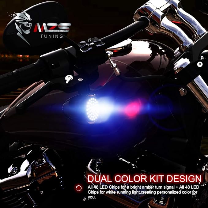 MZS 1157 LED Bulb Motorcycle Turn Signals Running Light Kit, Upgraded LED Beads 2" Bullet Style with Dual Color Front or Rear Compatible For Most Family Motorcycles (48White+48Amber)-Pack of 2