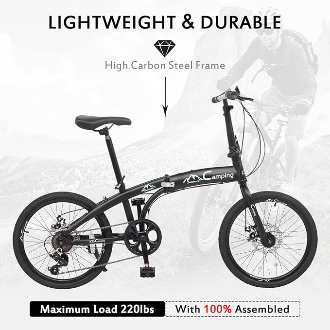 20 Inch Folding Bike, 7 Speed Foldable Bike with 100% Assembled, Dual Disc Brake, Fork Suspension, High-Carbon Steel Frame, Non-Slip tire and Adjustable Saddle (Black & Green)