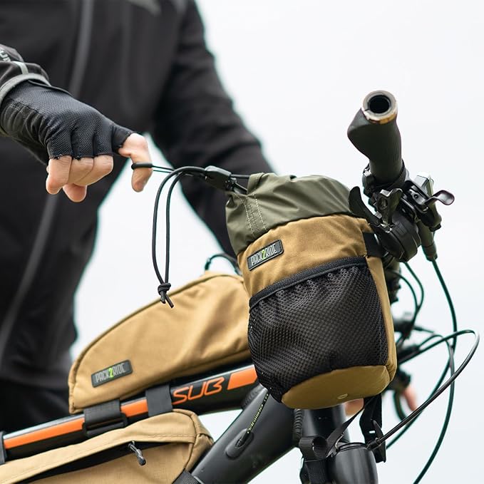 Bongo Bike Handlebar Bag - Water Resistant & Durable Fabric Bicycle Water Bottle Holder, Secure Attachment Bikepacking Stem Bag, One-Handed Access Feed Bag, Front Storage for Cycling - Black
