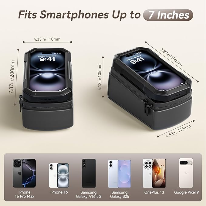 KDD Bike Front Frame Bag with Waterproof Phone Holder, Mountain Cycling Storage Pouch, Handlebar Bag with Phone Mount, Bicycle Accessories for Top Tube, Fit for iPhone 17 Pro Max, Cellphone Under 7''