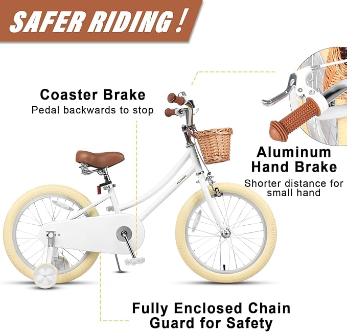 Petimini Vintage Kids Bike for Girls, 12–20 Inch Classic Bicycle with Wicker Basket & Bell, High Tensile Steel Frame, Training Wheels (12–18”), 85% Pre-Assembled, Retro Bike for Outdoor Riding
