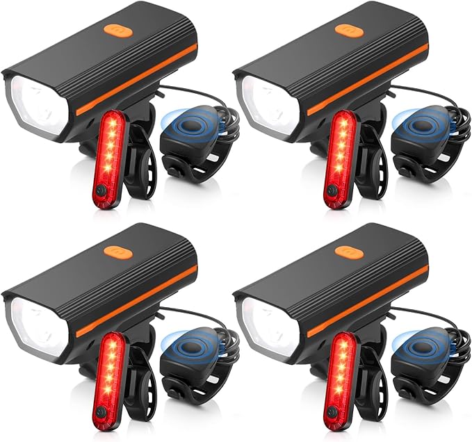 Hanaive 4 Sets Bright LED Bike Light Set USB Rechargeable Bicycle Front Headlight Back Taillight Waterproof Bicycle Light Cycling Accessories for Men Women Night Road Mountain Riding