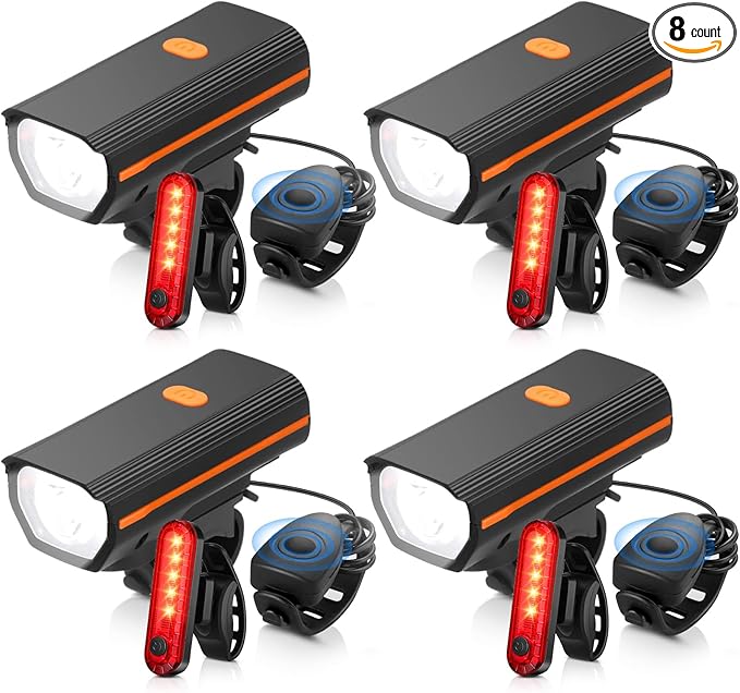 Hanaive 4 Sets Bright LED Bike Light Set USB Rechargeable Bicycle Front Headlight Back Taillight Waterproof Bicycle Light Cycling Accessories for Men Women Night Road Mountain Riding