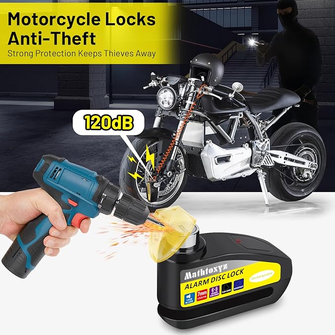 Motorcycle Lock Rechargeable, 120dB Alarm Disc Brake Locks Anti-Theft Security Wheel Disc Lock Waterproof with 5ft Reminder Cable and Carry Pouch for Motorbike Bike Scooter