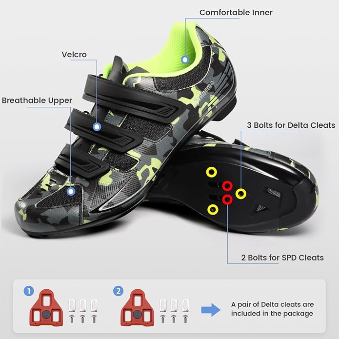 Men's Cycling Shoes – 2 & 3 Bolt Look Delta Cleat Spin Bike Shoes - Compatible with SPD Clips – Perfect for Indoor & Outdoor Road Cycling