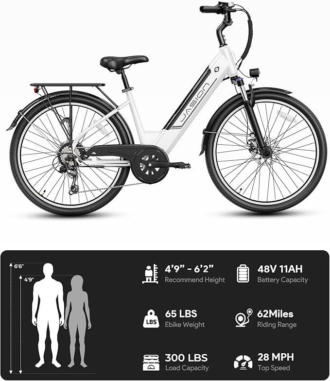 Jasion Roamer/ST/YC1 Electric Bike for Adults, 26" Commuter Ebike 1200W 528WH Removable Battery, 28MPH 62miles, Electric Bicycles for Women/Man, UL2849 Certified