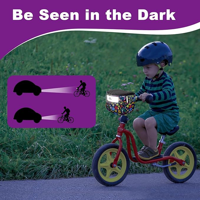 Kids Bike Basket,Durable Front Frame Bicycle & Scooter Basket Bag,Waterproof Fabric Bicycle Handlebar Bag for Boys, Girls, Toddlers with Zipper Mesh Lip(Flower)