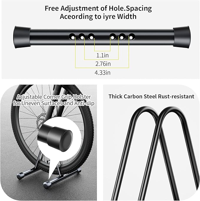 Adjustable Bike Parking Rack - Universal Floor & Wall-Mounted Bicycle Stand, Compatible with All Bikes Including Mountain, Road, Hybrid Cycles - Durable Black Design