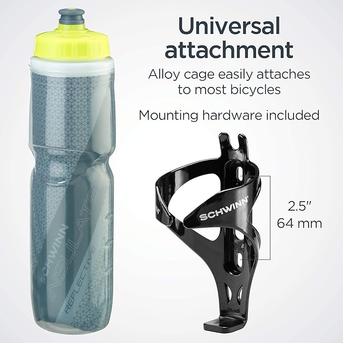 Schwinn Reflective Insulated Water Bottle with Holder for Bicycle, 26 oz, BPA-Free, Dual-Stage Nozzle, Easy Squeeze, Cage Easily Mounts to Bike, Night Visibility, Bike Water Bottle Holder Combo