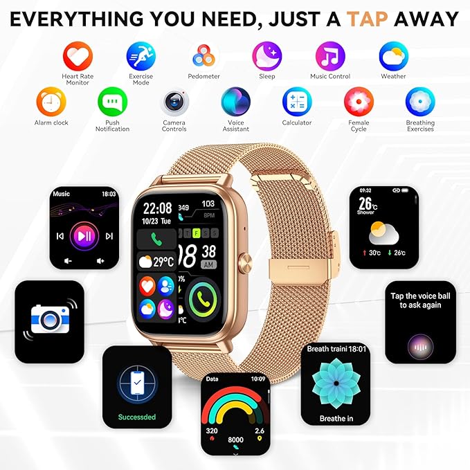 Smart Watch for Women Men- 1000mAh Battery Answer/Make Call, Fitness Step Tracker Watch with Sleep Monitor/Activity Counter/110+ Sport Mode for Andriod iPhone iOS Compatible - 3 Straps, Golden