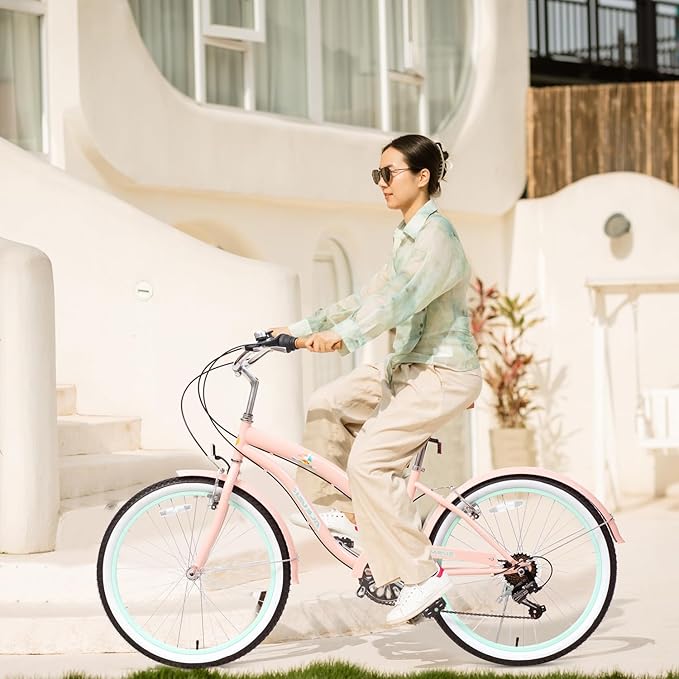 ACEGER Girls Beach Cruiser Bike for Kids 5-13 Years Old, 16" 18" 20" 24" Single Speed Kids Bicycle Included Coaster Brake, Front and Rear Reflectors, 24" 7 Speeds with Dual Brakes
