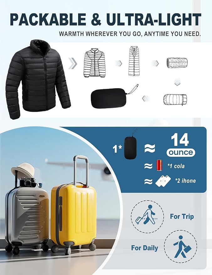Men's Lightweight Packable Puffer Jacket Insulated Warm Winter Jackets Puffy Coat for Ski Hiking Travel