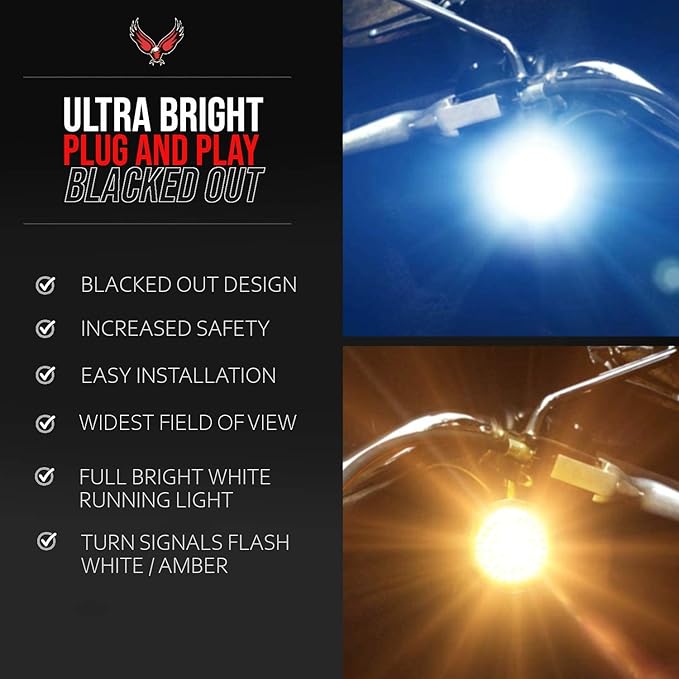 Eagle Lights Midnight Edition 2 Inch LED Turn Signal Kit with White Running Lights Compatible with Harley Davidson® Motorcycles – Front (1157), Rear Amber (1156), Smoked Lenses