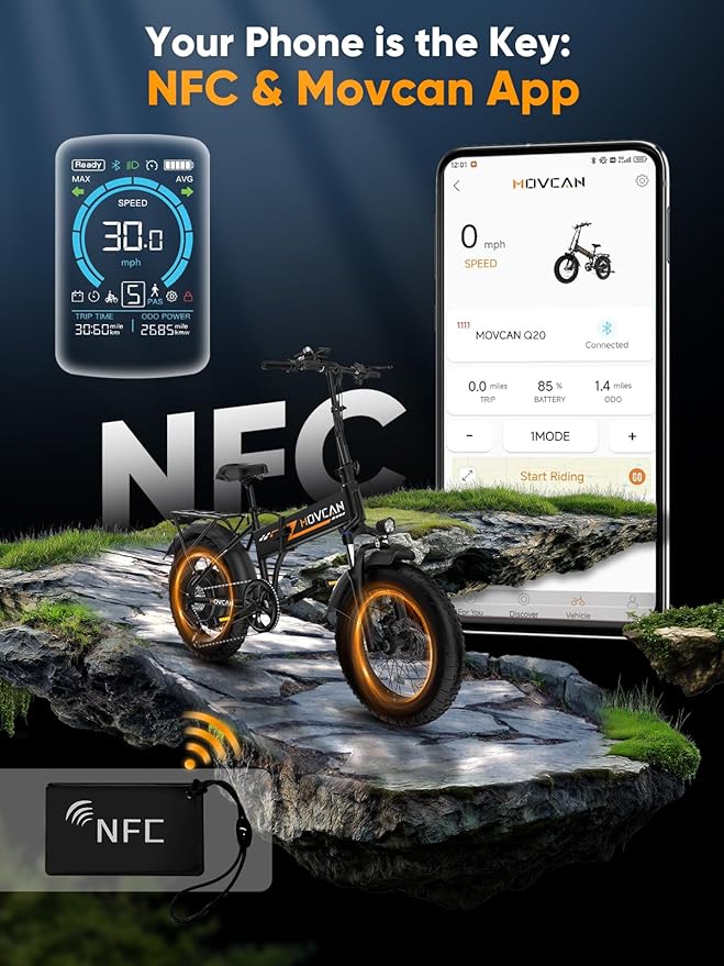 Movcan Q20 Folding Electric Bike, 52V 15.6Ah Removable Concealed Battery 20” Fat Tire Dirt Bike,1500W Motor 30 MPH Top Speed E Bikes, 7 Speed Dual Hydraulic Brake Electric Bikes for Adults