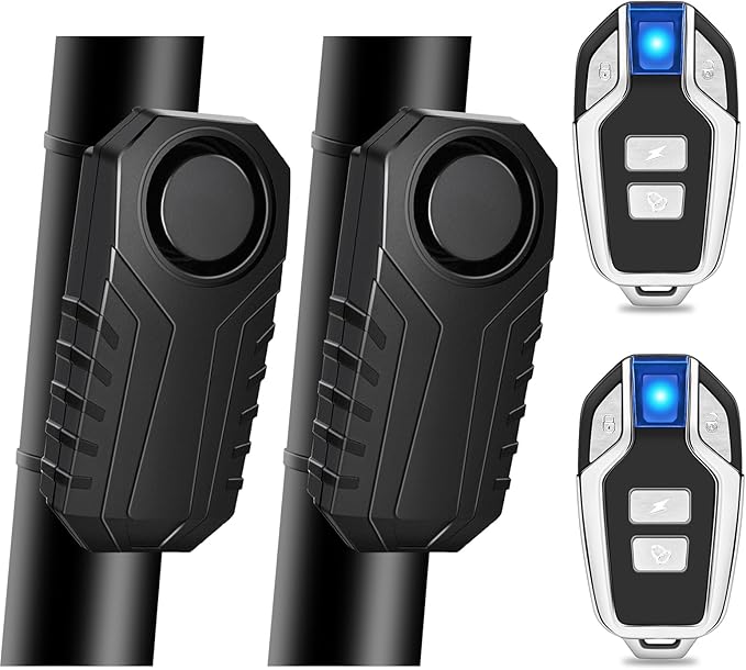 Bike Alarm with Remote,Bicycle Alarm Wireless,113dB Loud Bike Alarms for E-Bikes, Motorcycles, Scooter, Cars, Trailers, Luggage, Outdoor Riding and Cycling Safety IP65 Waterproof, 2Pcs