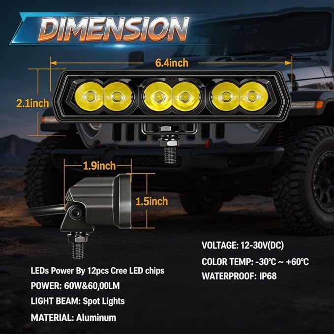 YCHOW-TECH Amber 6 Inch LED Light Bar, 2PCS 120W Single Rows Spot Beam Slim LED Pods Fog Light Assembly Work Off Road Driving Backup Light for Truck ATV SUV UTV Motorcycle Boat
