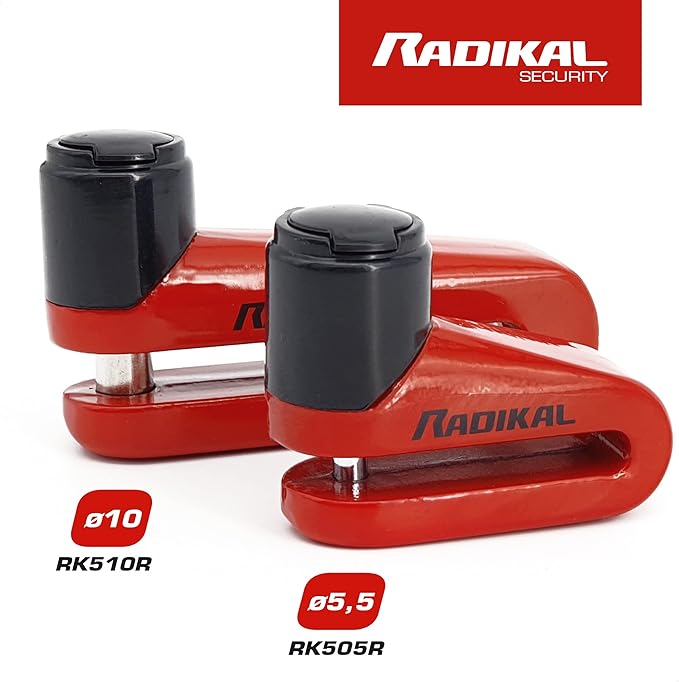 RADIKAL RK505R Disc Lock, More Compact, Lightweight and Portable, Highly Deterrent Red Color, 5.5mm Steel Locking Pin, Universal Anti Theft Wheel Brake Lock for Motorcycle Scooter Electric Bike