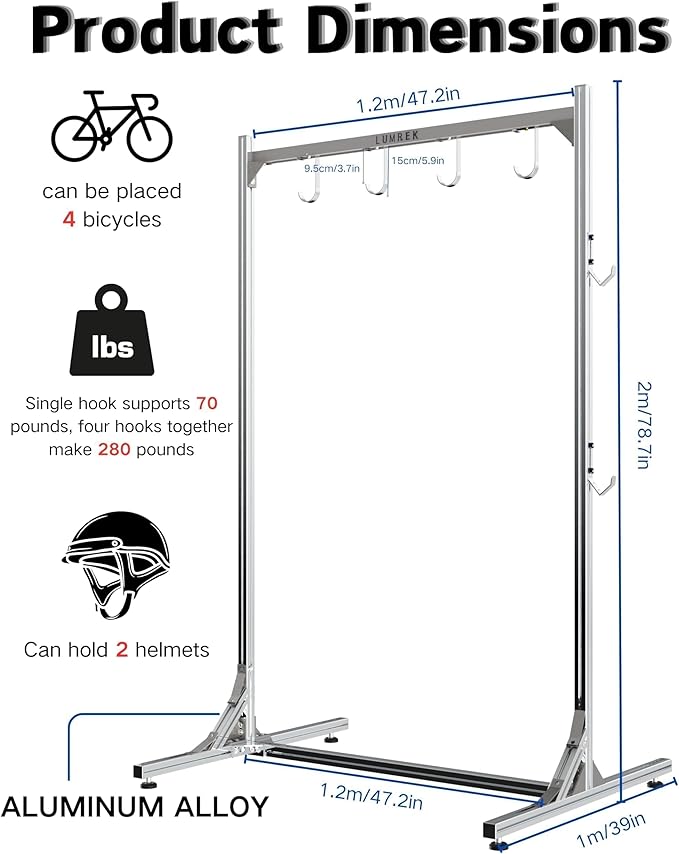Alumium Alloy Freestanding Bike Rack for 4 Bikes, Vertical Bike Rack with 4 Bike Hooks for Heavy Duty & 2 Hooks for Accessories Tool Room Garage Storage Room Indoor Outdoor