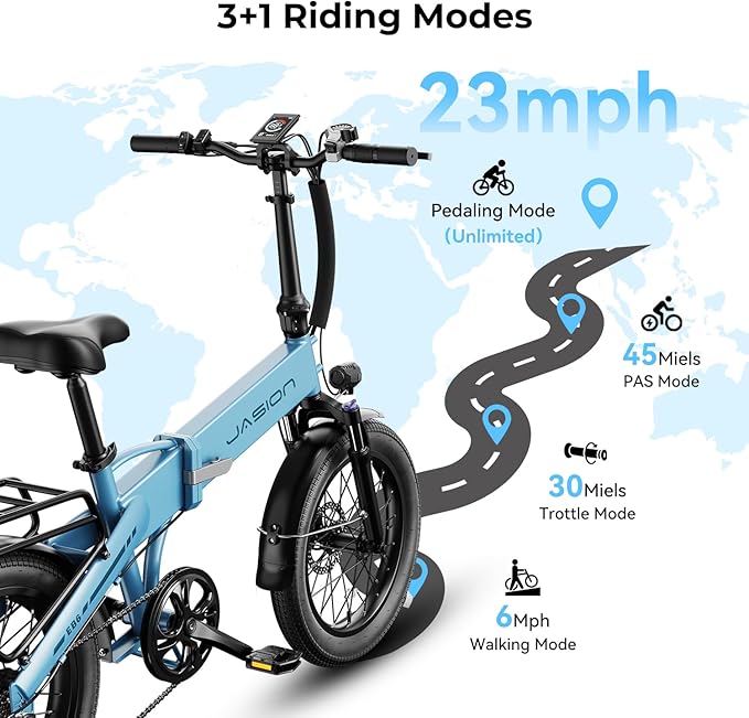 Jasion Electric Bike for Adults, 1000W Peak Motor Foldable Ebike, Aluminum 20'' Fat Tire Electric Bicycle Built-in 48V Removable Battery, EBS Commuter E Bikes up to 23 MPH & 45 Miles Max Range