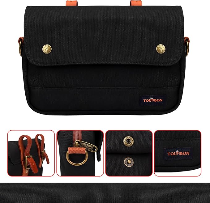 TOURBON Bike Bag Waxed Canvas Bicycle Handlebar Bag Zipper Closure Pouch Crossbar Front Frame Basket Cycling Saddebag Under Seat Strap-on Rear Rack Pannier (Black)
