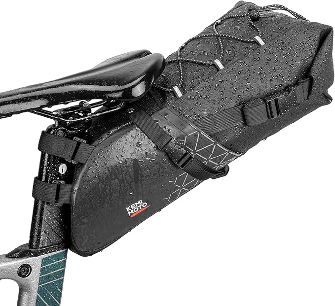 KEMIMOTO Bike Seat Bag, Expandable 11L-13L Saddle Pouch Fully Waterproof Bikepacking, Road Bicycle Rear Pack Under Seat with PVC Reflective Panel, Four Bottom Hardboards