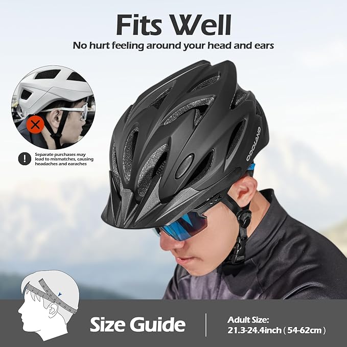 Odoland Adult Bike Helmet and Cycling Sunglasses Set for Men & Women, Safety Certified Bicycle Helmet with UV Protection Glasses for Mountain, Skating, Road, City Commuting & Outdoor Riding