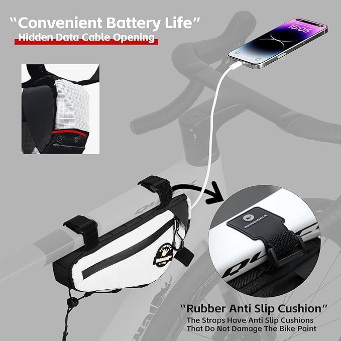 Rhinowalk Bike Frame Bag Waterproof Triangle Frame Storage Bag with Cable Port 1L Lightweight Bicycle Bag for Road Bike MTB Gravel Bike Compact Cycling Accessory with Pump Strap (White)