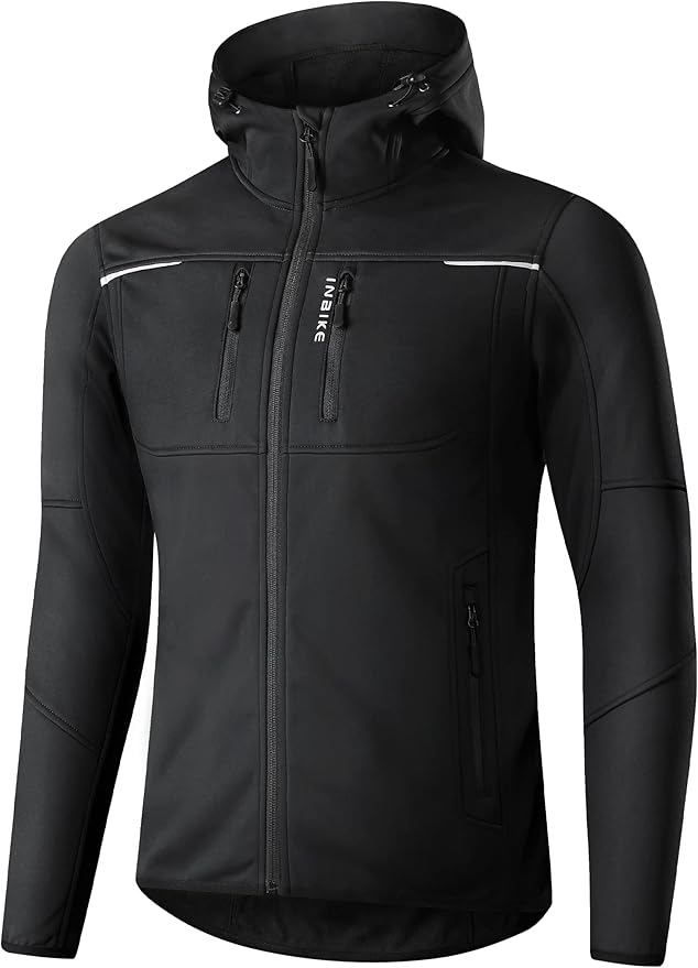 INBIKE Hooded Cycling Bike Jacket Men Running Biking Windbreaker Reflective Windproof Thermal Fleece Lined Bicycle Coat