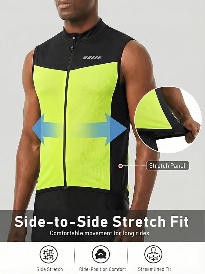 qualidyne Men's Sleeveless Cycling Jersey, Full Zip, Quick-Dry Moisture-Wicking Knit, 3 Rear Pockets, Reflective Details