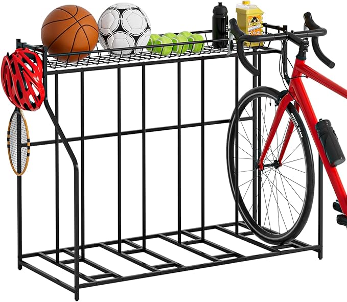 4 Bike Stand, Bike Rack Garage with Storage Rack, Bicycle Stand for Garage Organizer, Indoor Sporting Gear Storage Station for Mountain/Road/Hybrid & Fat Tire Bike