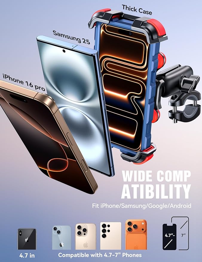 JOYROOM Motorcycle Phone Mount Holder - [Dual Vibration Dampener] [Metal Adjustment Arm] Motorcycle Cell Phone Holder Mount, Bike Bicycle Handlebar Phone Mount for All 4.7''-7'' Cell Phones, Red