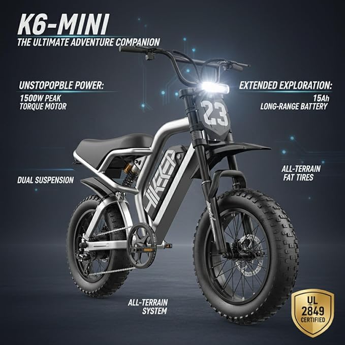 Electric Dirt Bike for Adults, 1500W-3000W Peak Ebike, 16"/20" Fat Tire All-Terrain E-Bike, Dual Suspension Off-Road Racing Machine for Camping & RV Travel, 48V/52V, UL 2849 Certified