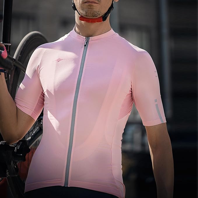 Santic Men's Cycling Jersey Short Sleeve Tops Pro Road Bike Shirt Full Zipper UPF 50+ MTB Jersey with Pockets