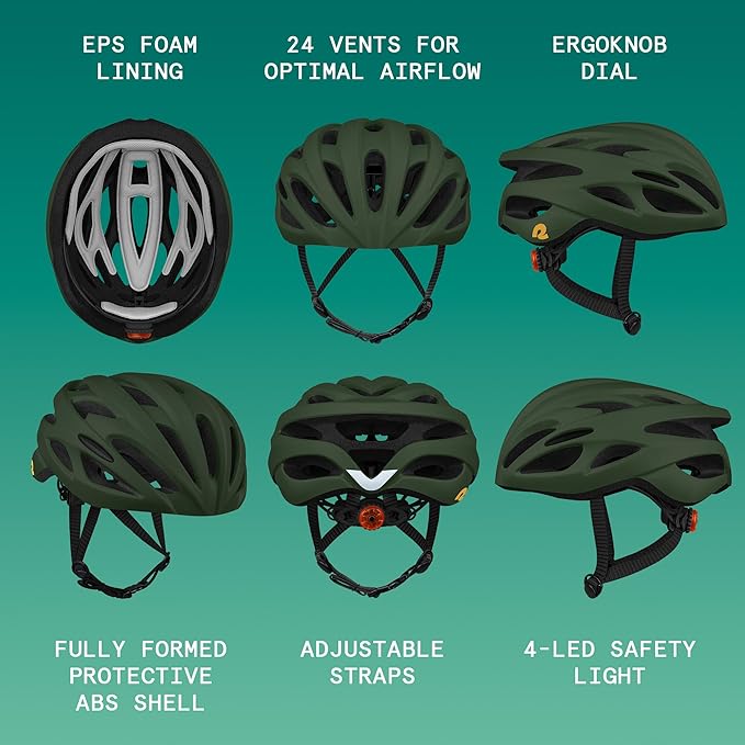 Retrospec Silas Road Bike Helmet with 24 Air Vents & Built-in LED Safety Light - Adjustable Adult Cycling Protection 54-61cm - Padded & Lightweight Design
