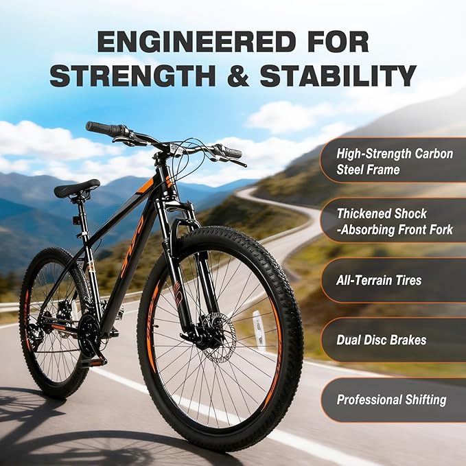 Convend 24/26/27.5" Mountain Bike for Adults, 21-Speed Twist Shifters, Lockout Suspension Fork, Dual Disc Brakes, High-Carbon Steel Frame, All-Terrain Tires, 85% Pre-Assembled