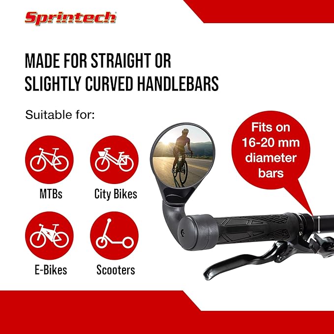Sprintech Compact Adustable Rear-View Bicycle Mirror - P016 (Black, E-Bike) (Single Mirror)