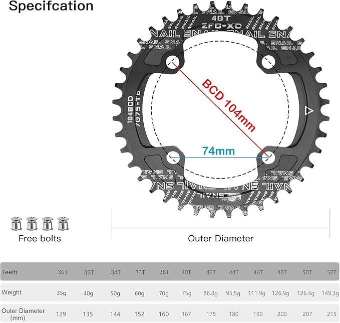 CYSKY 104 BCD Chainring 30T to 52T Narrow Wide Chainring with Sprocket Bolts for 1x Set-up Road Bike Mountain Bike BMX MTB Gravel Ebike