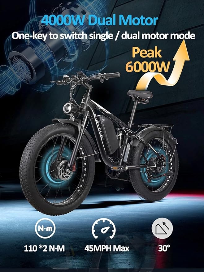6000W Electric Bike for Adults, 52V 32AH Dual Motor E-Bike, Up to 100Mile & 45MPH All-Terrain Fat Tires Full Suspension 24/26 Inch Electric Bicycles Hydraulic Disc Brake for Road UL2849 by SGS