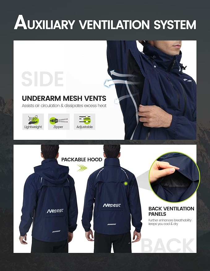 Nepest Cycling Rain Jacket Mens Waterproof Lightweight Packable Biking Windbreaker with Hood Raincoat for Running Hiking
