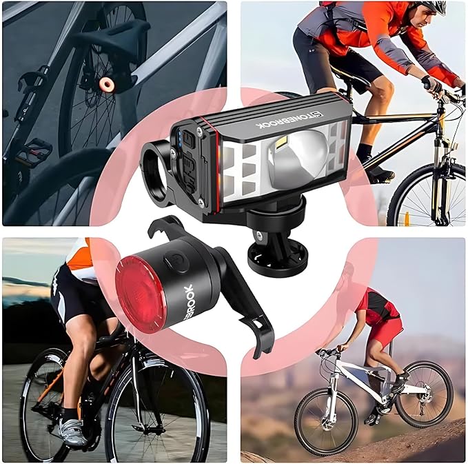 STONEBROOK 1800LM Bike Lights Set, Bicycle Headlight and Tail Light Set, Rechargeable Headlight & 7-Mode Taillight, IP65 Waterproof, Emergency USB Charging,Fahrradlampe for Night Riding