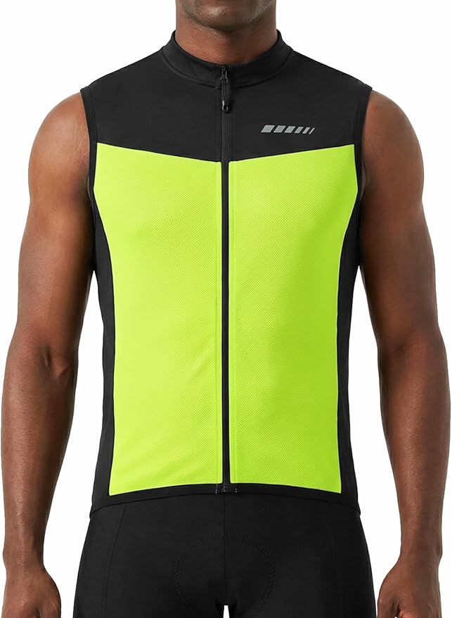 qualidyne Men's Sleeveless Cycling Jersey, Full Zip, Quick-Dry Moisture-Wicking Knit, 3 Rear Pockets, Reflective Details
