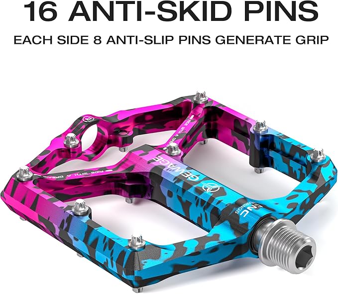 Road/Mountain Bike Pedals - 3 Bearings Bicycle Pedals - 9/16” CNC Machined Flat Pedals with Removable Anti-Skid Nails